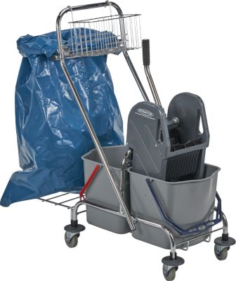 Doppelfahrwagen mit Chromgestell - 2 Eimer 17 Liter, 70 Liter Müllsackhalter, Mopp-Presse
