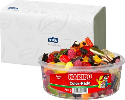 Tork® Papierhandtücher Advanced 290179, Zick-Zack-Falzung, 2-lagig, 15 Pack á 250 Stück (3750 Blatt), grün + GRATIS Haribo Color-Rado Party Box, 750 g