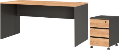 3-teiliges Büromöbelset Boston - Wangenschreibtisch 1580x790 mm Navarra-Eiche/Anthrazit - Rollcontainer 410x500x600 mm mit 3 Schubladen - Image 3