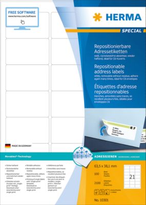 HERMA Repositionierbare Adressetiketten A4 63.5x38.1 mm weiß Movables Papier matt 2100 St., Weiß, Papier, Laser/Inkjet, Matte, Entfernbar, Abgerundetes Rechteck - Image 6