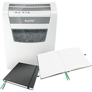 Aktenvernichter Leitz IQ Home Office, Partikelschnitt, P-4, 23 l, 10-11 Blatt, inkl. Notizbuch