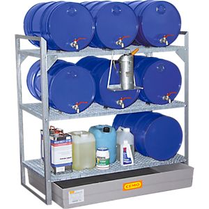 Fassregal Typ 360, für 6 Fässer à 60 l, 2 Gitterrostebenen, 6 Fassauflagen & GFK-Auffangwanne