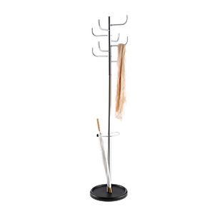 Garderobenständer, 8 Haken, mit Schirmhalter & Tropfmulde, H 1720 x Ø 390 mm, Metall, silbermetallic