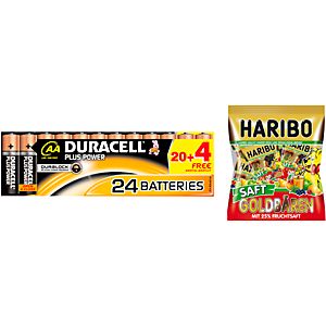 Sparset DURACELL® Batterie Plus Power, AAA o. AA, 24 St. + Gratis Haribo