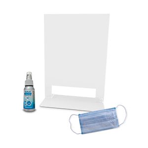 Sparset Spuckschutz, Kunststoff, glasklar + Mund-Nasen-Schutz, 50 Stück + Handdesinfektionsspray