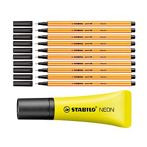 STABILO Fineliner Point 88, schwarz, 10 Stück+Textmarker Stabilo Neon GRATIS