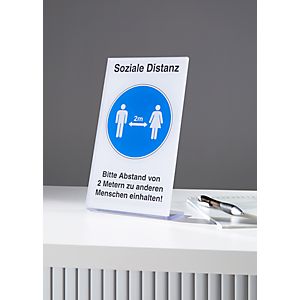 Tischaufsteller Soziale Distanz, rechteckig, L-Form, Foliendruck weiß-blau-schwarz, B 135 x H 240