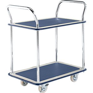 Tischwagen NB-104, 2 Etagen, L 790 x B 480 mm, bis 120 kg, blau, Vollgummi-Bereifung, Stahl