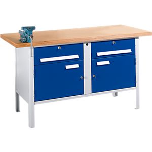 Werkbank PW 150-0, B 1500 mm, 2 Schübe, 2 Schränke, Zentralverschl., mit Schraubstock,