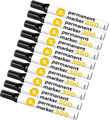 Marqueur permanent S. 300, pointe ogive, largeur de trait 1,5-3 mm, résistant à l'eau, stockage ouvert, aluminium & plastique, noir, 10 pièces