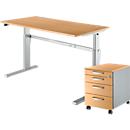 2-tlg. Büromöbel-Set, Schreibtisch STANDARD, elektrisch höhenverstellbar, Buche/weissaluminium RAL 9006