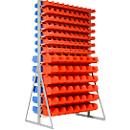 2-zijdig rek, 26 rijen, 2 x 70 open front magazijnbakken LF 211 rood/blauw &amp; 2 x 42 open front magazijnbakken LF 221 rood/blauw, B 1145 x D 800 x H 1950 mm
