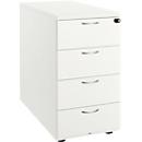 Add-on container, 4 drawers, metal handles, lockable, foot glides, incl. material tray &amp; 4 dividers, W 400 x D 800 x H 730 mm, chipboard, white