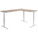 AERO FLEX hoekbureau, elektrisch in hoogte verstelbaar, hoek 90°, T-poot, B 2000 x D 2400 mm, eiken/blank aluminium + memorypaneel