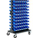 Almacén móvil para piezas pequeñas, con capacidad de carga por ambos lados, incluye 140 cajas de almacenamiento a la vista azules de la serie PROFI LF 211 de SSI Schäfer, 825 mm de ancho x 550 mm de profundidad x 1450 mm de altura, acero, gris ant...
