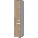 Armario archivador BARI, 6 AA, 3 estantes, 2 cajones, bisagra de puerta a la izquierda, An 427 x P 430 x Al 2174 mm, gris medio/roble/aluminio