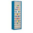 Armario de almacenamiento, capacidad 333 l, 69 cubos plegables extraíbles con asa empotrada, ancho 665 x fondo 250 x alto 2000 mm, azul genciana/transparente