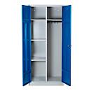 Armario para productos de limpieza, ancho 800 mm, 4 estantes, pared central completa, con cierre, azul genciana RAL 5010/gris claro RAL 7035