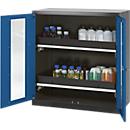 Armario para productos químicos Asecos CS-CLASSIC-G, puerta con bisagras y recorte de cristal, 2 bandejas extraíbles, 1055x520x1105 mm, azul genciana