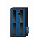 Armario para productos químicos asecos CS-CLASSIC-G, puertas batientes con recorte de cristal, frontal azul genciana, ancho 1055 x fondo 520 x alto 1950 mm