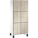 Armoire à casiers Cambio C+P, 2 compartiments, 6 casiers, sur pieds, L 800 x P 525 x H 1980 mm, blanc trafic/décor frêne wengé