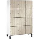 Armoire à casiers Cambio C+P, 3 compartiments, 12 casiers, sur pieds, L 1200 x P 525 x H 1980 mm, blanc trafic/décor frêne wengé