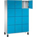 Armoire à casiers Cambio C+P, 3 compartiments, 12 casiers, sur pieds, L 1200 x P 525 x H 1980 mm, gris clair/bleu clair