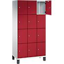 Armoire à casiers Cambio C+P, 3 compartiments, 12 casiers, sur pieds, L 900 x P 525 x H 1980 mm, gris clair/rouge rubis