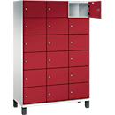 Armoire à casiers Cambio C+P, 3 compartiments, 18 casiers, sur pieds, L 1200 x P 525 x H 1980 mm, gris clair/rouge rubis