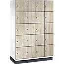 Armoire à casiers Cambio C+P, 4 compartiments, 20 casiers, avec socle, L 1200 x P 525 x H 1980 mm, blanc trafic/décor frêne wengé