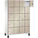 Armoire à casiers Cambio C+P, 4 compartiments, 20 casiers, sur pieds, L 1200 x P 525 x H 1980 mm, blanc trafic/décor frêne wengé