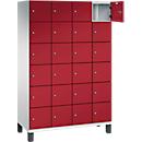 Armoire à casiers Cambio C+P, 4 compartiments, 24 casiers, sur pieds, L 1200 x P 525 x H 1980 mm, gris clair/rouge rubis
