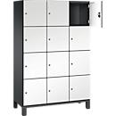 Armoire à casiers Cambio de C+P, 3 compartiments, 12 casiers, sur pieds, L 1200 x P 525 x H 1980 mm, gris noir/blanc