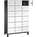 Armoire à casiers Cambio de C+P, 3 compartiments, 18 casiers, sur pieds, L 1200 x P 525 x H 1980 mm, gris noir/blanc