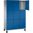 Armoire à casiers Cambio de C+P, 3 compartiments, 9 casiers, sur pieds, L 1200 x P 525 x H 1980 mm, aluminium blanc/bleu gentiane