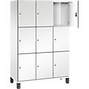 Armoire à casiers Cambio de C+P, 3 compartiments, 9 casiers, sur pieds, L 1200 x P 525 x H 1980 mm, blanc signalisation/blanc