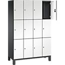 Armoire à casiers Cambio de C+P, 4 compartiments, 12 casiers, sur pieds, L 1200 x P 525 x H 1980 mm, gris noir/blanc
