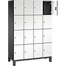 Armoire à casiers Cambio de C+P, 4 compartiments, 16 casiers, sur pieds, L 1200 x P 525 x H 1980 mm, gris noir/blanc