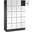 Armoire à casiers Cambio de C+P, 4 compartiments, 20 casiers, avec socle, L 1200 x P 525 x H 1980 mm, gris noir/blanc