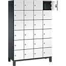 Armoire à casiers Cambio de C+P, 4 compartiments, 24 casiers, sur pieds, L 1200 x P 525 x H 1980 mm, gris noir/blanc