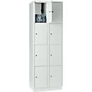 Armoire à casiers pour objets de valeur 300 mm, 2 compartiments, 8 casiers, serrure à cylindre de sécurité, sur socle, gris clair