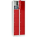 Armoire à casiers pour objets de valeur 300 mm, 2 compartiments, 8 casiers, serrure à cylindre de sécurité, sur socle, rouge feu