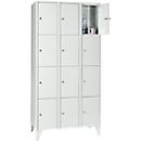 Armoire à casiers pour objets de valeur 300 mm, 3 compartiments, 12 casiers, serrure à cylindre de sécurité, pied, gris clair
