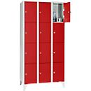 Armoire à casiers pour objets de valeur 300 mm, 3 compartiments, 12 casiers, serrure à cylindre de sécurité, pied, rouge feu