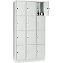 Armoire à casiers pour objets de valeur 300 mm, 3 compartiments, 12 casiers, serrure à cylindre de sécurité, sur socle, gris clair