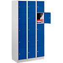 Armoire à casiers pour objets de valeur 300 mm, 3 compartiments, 15 casiers, serrure à cylindre de sécurité, sur socle, bleu gentiane