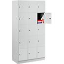 Armoire à casiers pour objets de valeur 300 mm, 3 compartiments, 15 casiers, serrure à cylindre de sécurité, sur socle, gris clair