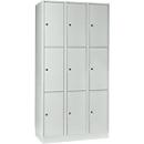 Armoire à casiers pour objets de valeur 300 mm, 3 compartiments, 9 casiers, serrure à cylindre de sécurité, sur socle, gris clair