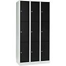 Armoire à casiers pour objets de valeur 300 mm, 3 compartiments, 9 casiers, serrure à cylindre de sécurité, sur socle, noir ébène