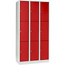 Armoire à casiers pour objets de valeur 300 mm, 3 compartiments, 9 casiers, serrure à cylindre de sécurité, sur socle, rouge feu